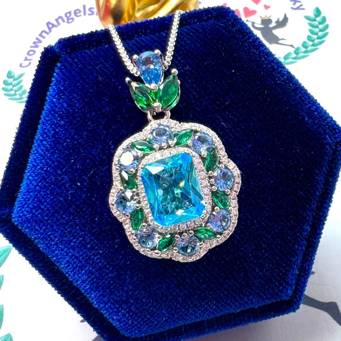 12Ct Blue Sapphire Cushion Cut Necklace