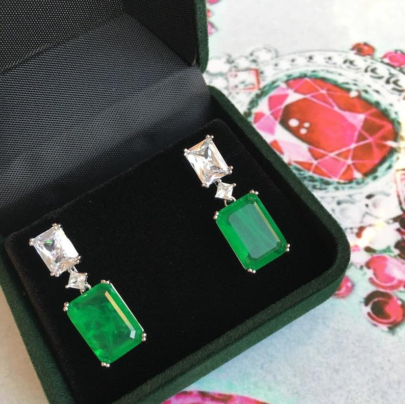 12Ct Green Sapphire Baguette Cut Drop Earrings