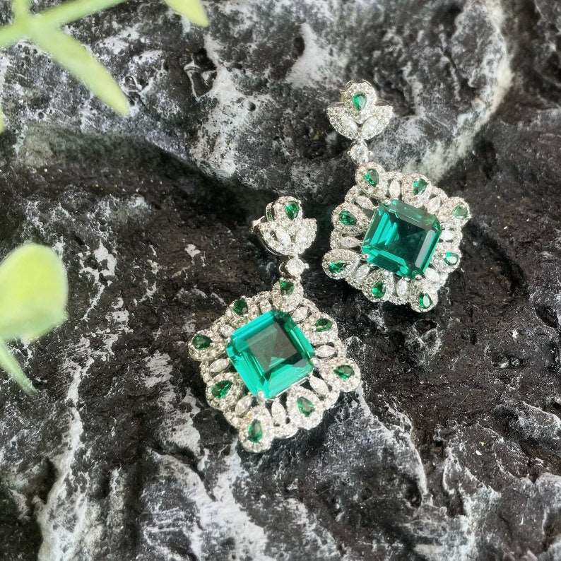 12Ct Green Sapphire Asscher Cut Drop Earrings