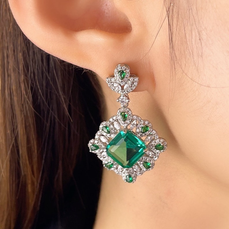 12Ct Green Sapphire Asscher Cut Drop Earrings