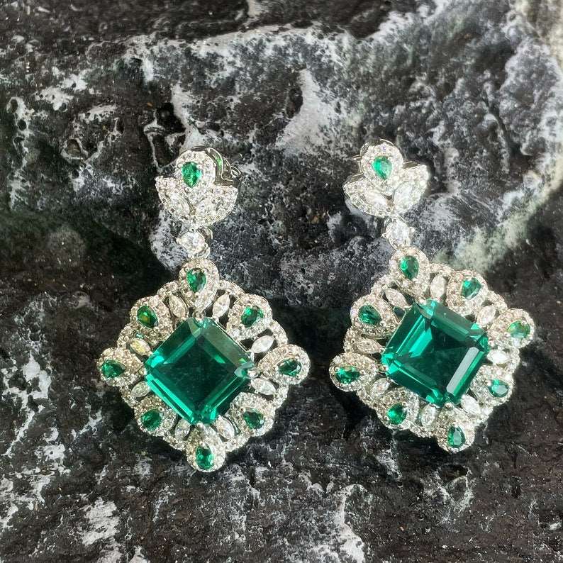 12Ct Green Sapphire Asscher Cut Drop Earrings