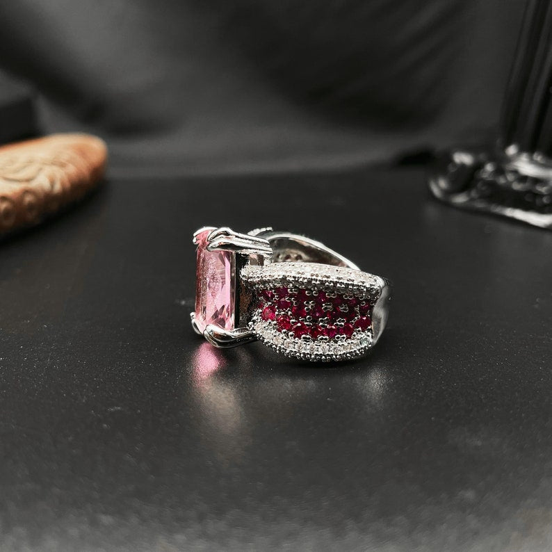 16Ct Pink Sapphire Baguette Cut Engaement Ring