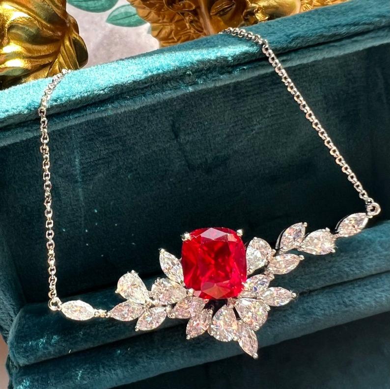 8Ct Red Sapphire Cushion Cut Necklace