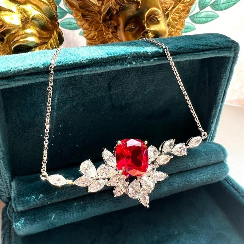 8Ct Red Sapphire Cushion Cut Necklace