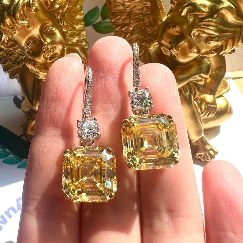 10Ct Yellow Sapphire Asscher Cut Drop Earrings