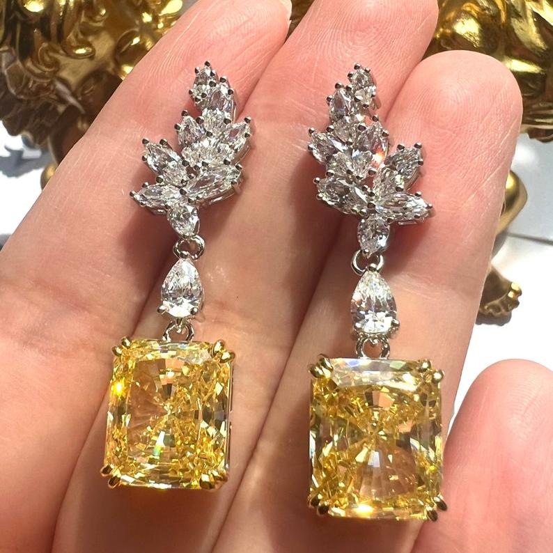 14Ct Yellow&White  Sapphire Baguette Cut Drop Earrings