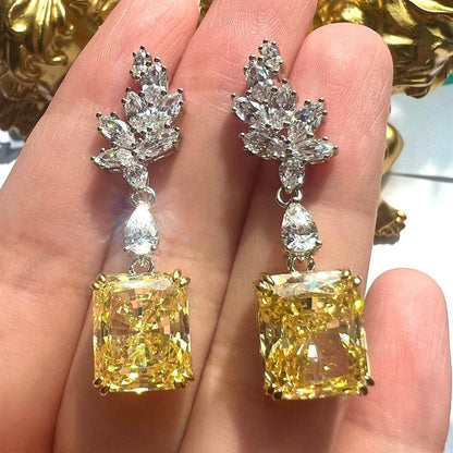 14Ct Yellow&White  Sapphire Baguette Cut Drop Earrings