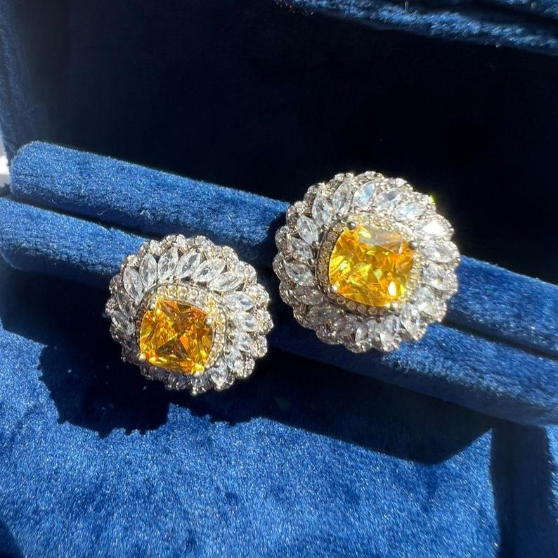 14Ct Yellow Sapphire Cushion Cut Stud Earrings