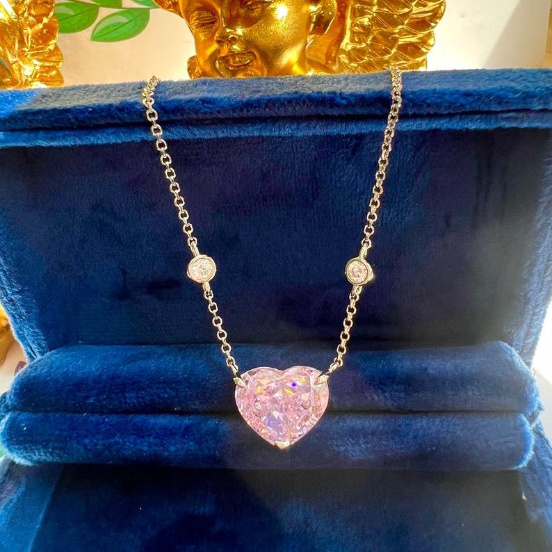 8Ct Pink Sapphire Heart Cut Necklace