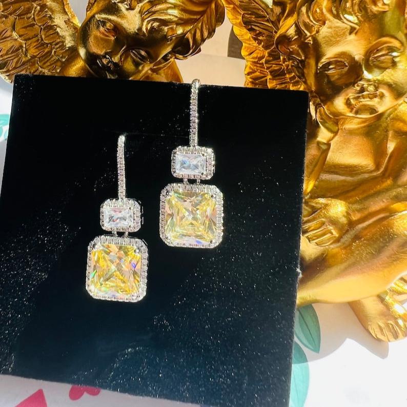 12Ct Yellow Sapphire Asscher  Cut Drop Earrings