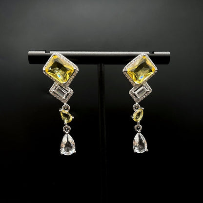 14Ct Yellow&White Sapphire Baguette Cut Drop Earrings