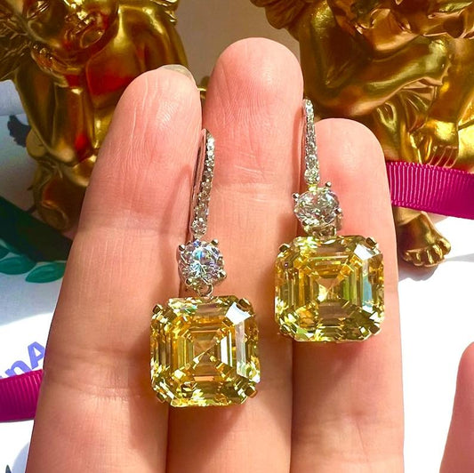 10Ct Yellow Sapphire Asscher Cut Drop Earrings