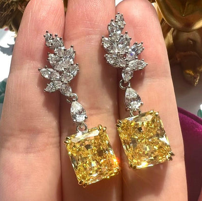 14Ct Yellow&White  Sapphire Baguette Cut Drop Earrings