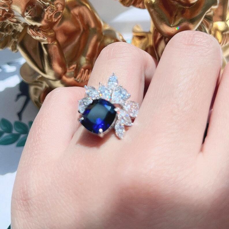 9Ct Blue Sapphire Cushion Cut Ring