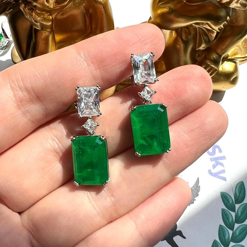 12Ct Green Sapphire Baguette Cut Drop Earrings