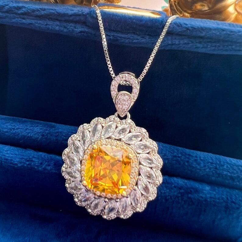 10Ct Yellow Sapphire Cushion Cut Necklace