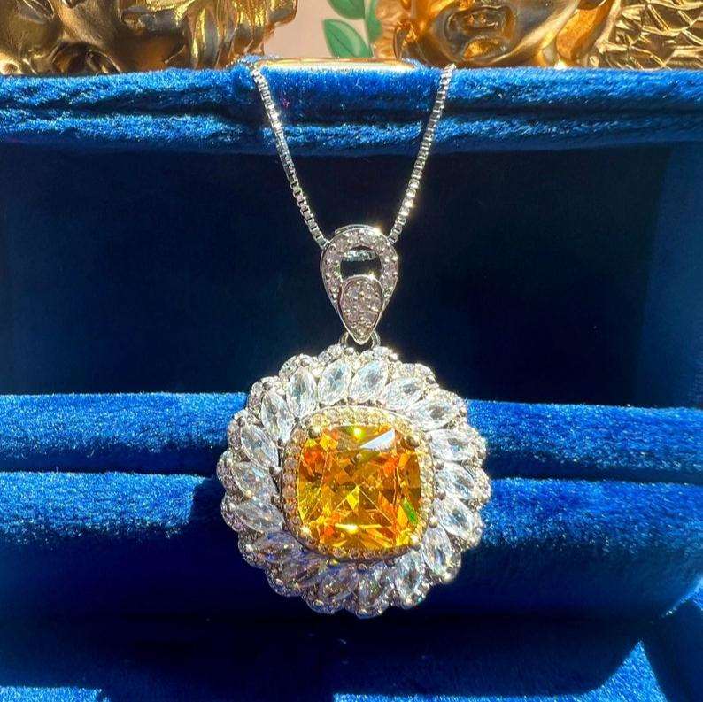 10Ct Yellow Sapphire Cushion Cut Necklace