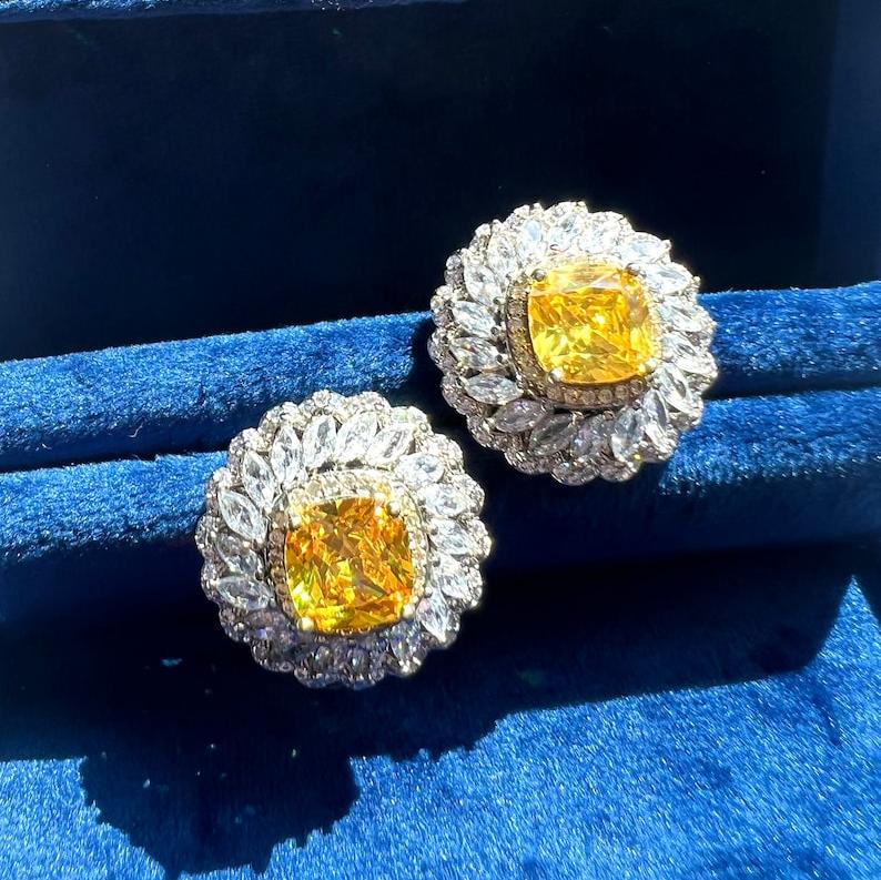 14Ct Yellow Sapphire Cushion Cut Stud Earrings