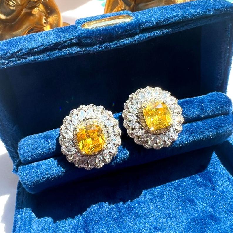 14Ct Yellow Sapphire Cushion Cut Stud Earrings