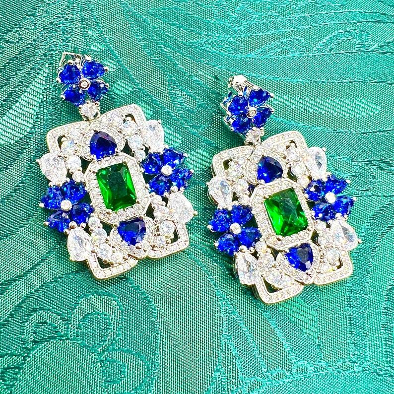 14Ct Blue&Green&White Sapphire Baguette Cut Stud Earrings