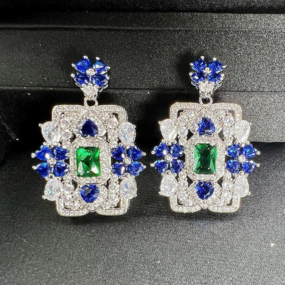 14Ct Blue&Green&White Sapphire Baguette Cut Stud Earrings