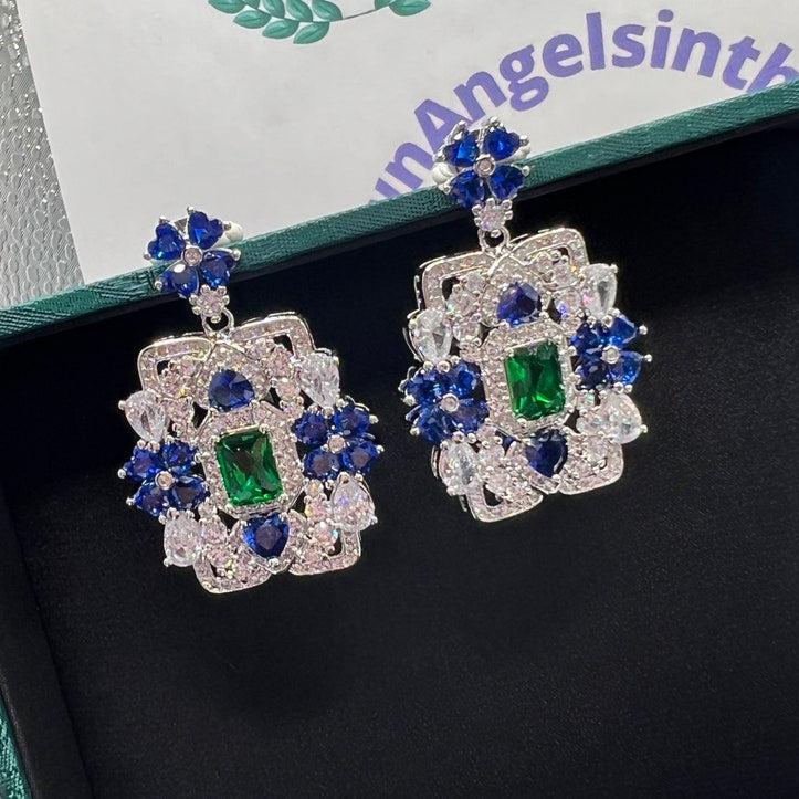 14Ct Blue&Green&White Sapphire Baguette Cut Stud Earrings