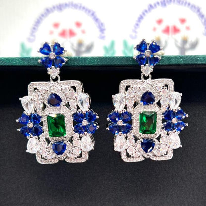 14Ct Blue&Green&White Sapphire Baguette Cut Stud Earrings