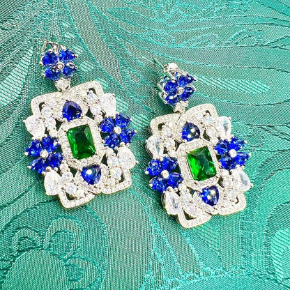 14Ct Blue&Green&White Sapphire Baguette Cut Stud Earrings