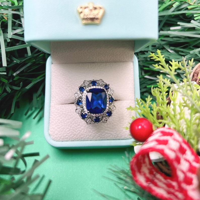 10Ct Blue Sapphire Cushion Cut Engagement Ring