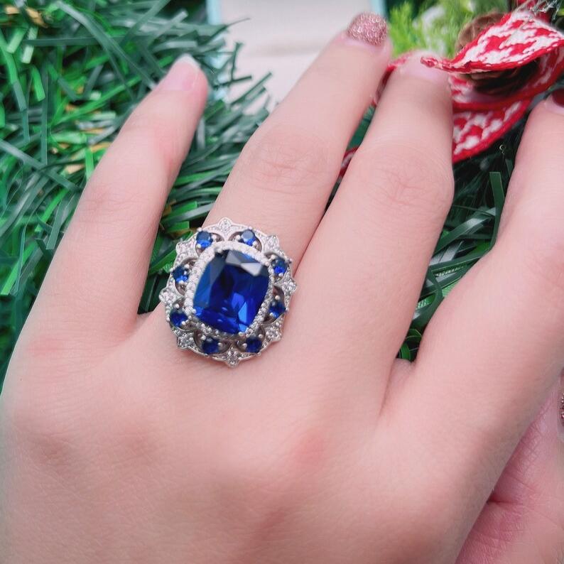 10Ct Blue Sapphire Cushion Cut Engagement Ring