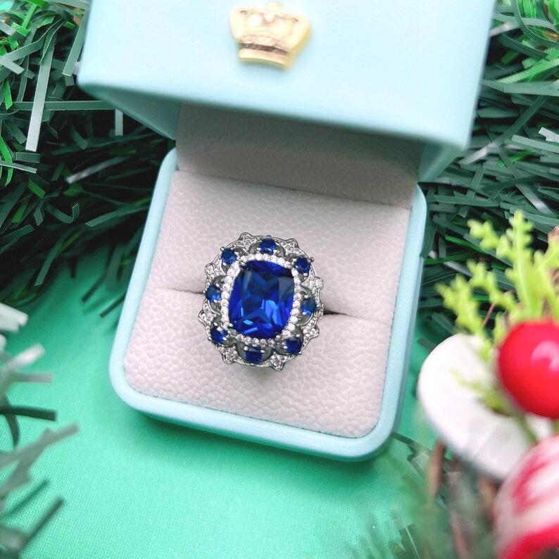 10Ct Blue Sapphire Cushion Cut Engagement Ring