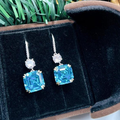 8Ct Blue Sapphire Asscher Cut Drop Earrings