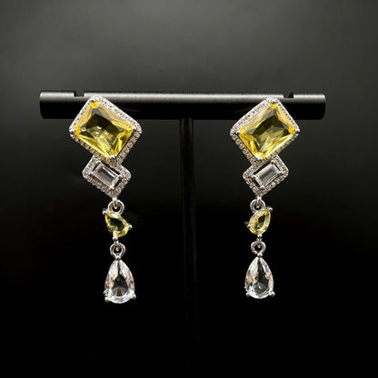 14Ct Yellow&White Sapphire Baguette Cut Drop Earrings