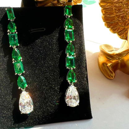 15Ct Green&White Sapphire Pear Cut Drop Earrings