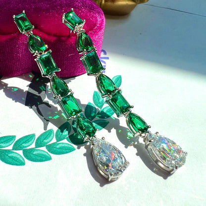 15Ct Green&White Sapphire Pear Cut Drop Earrings