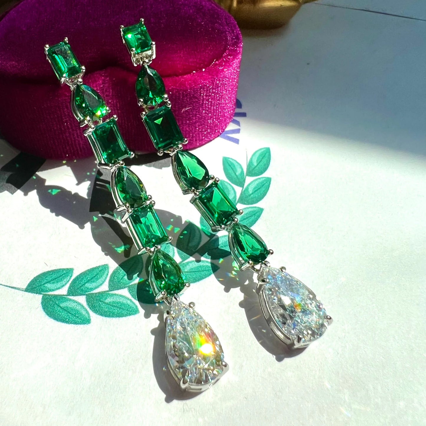 15Ct Green&White Sapphire Pear Cut Drop Earrings