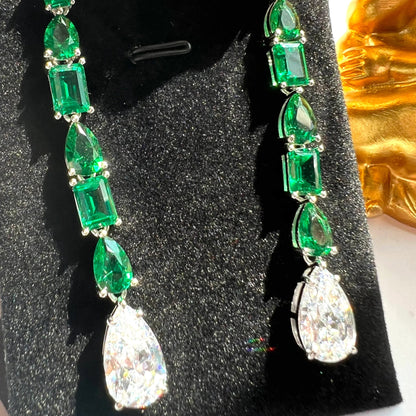 15Ct Green&White Sapphire Pear Cut Drop Earrings