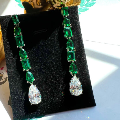 15Ct Green&White Sapphire Pear Cut Drop Earrings