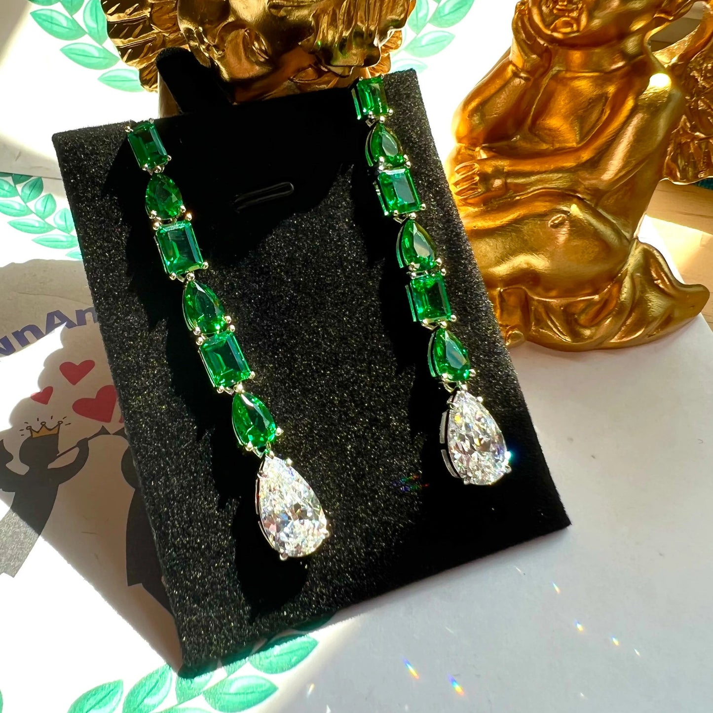 15Ct Green&White Sapphire Pear Cut Drop Earrings