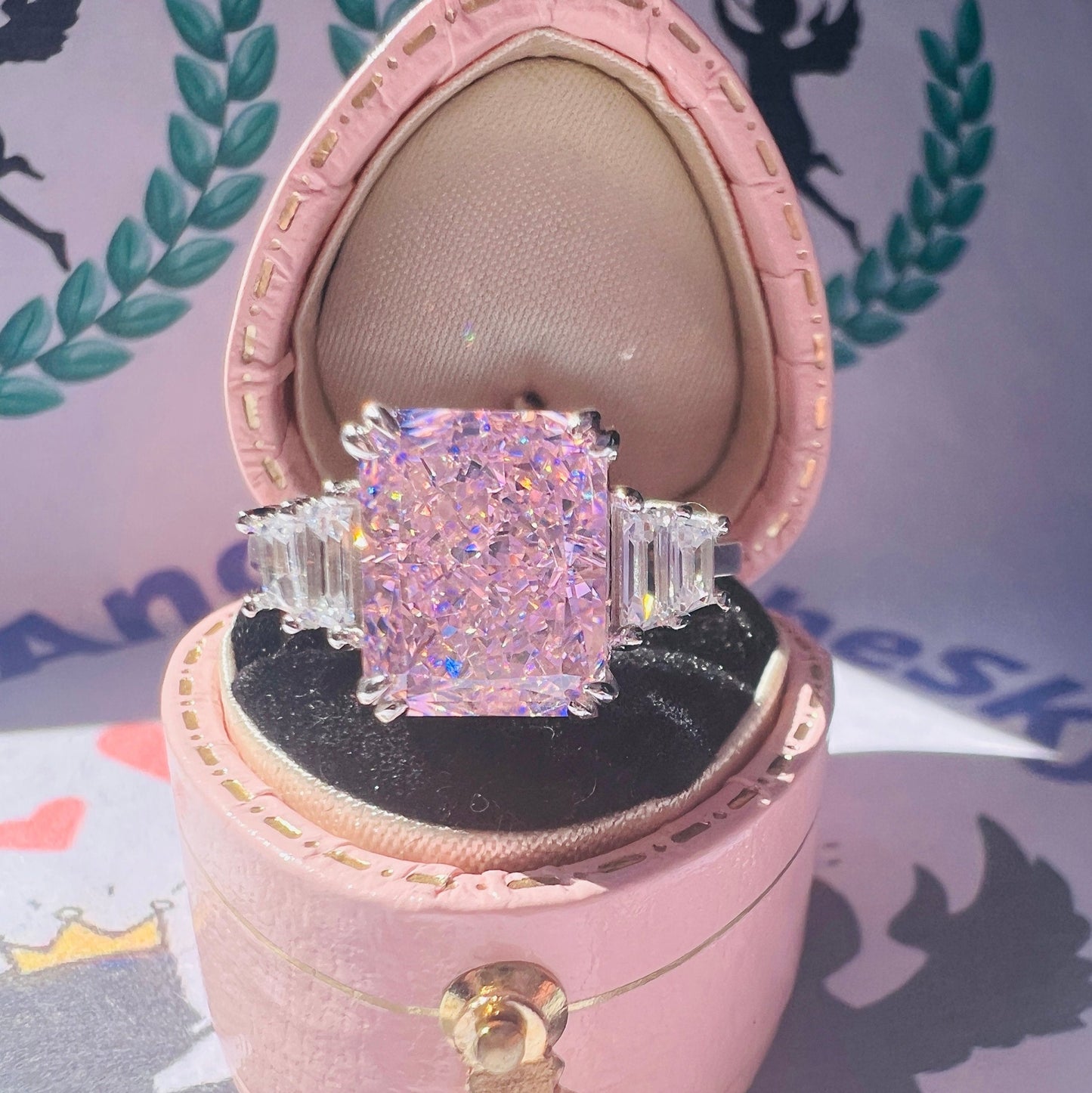 10Ct Pink Sapphire  Baguette Cut Engaement Ring