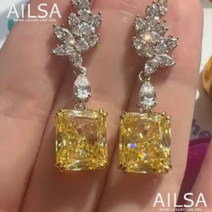 14Ct Yellow&White  Sapphire Baguette Cut Drop Earrings