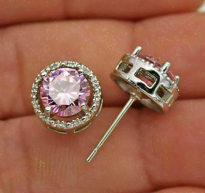 8Ct Pink Sapphire Round Cut Drop Earrings