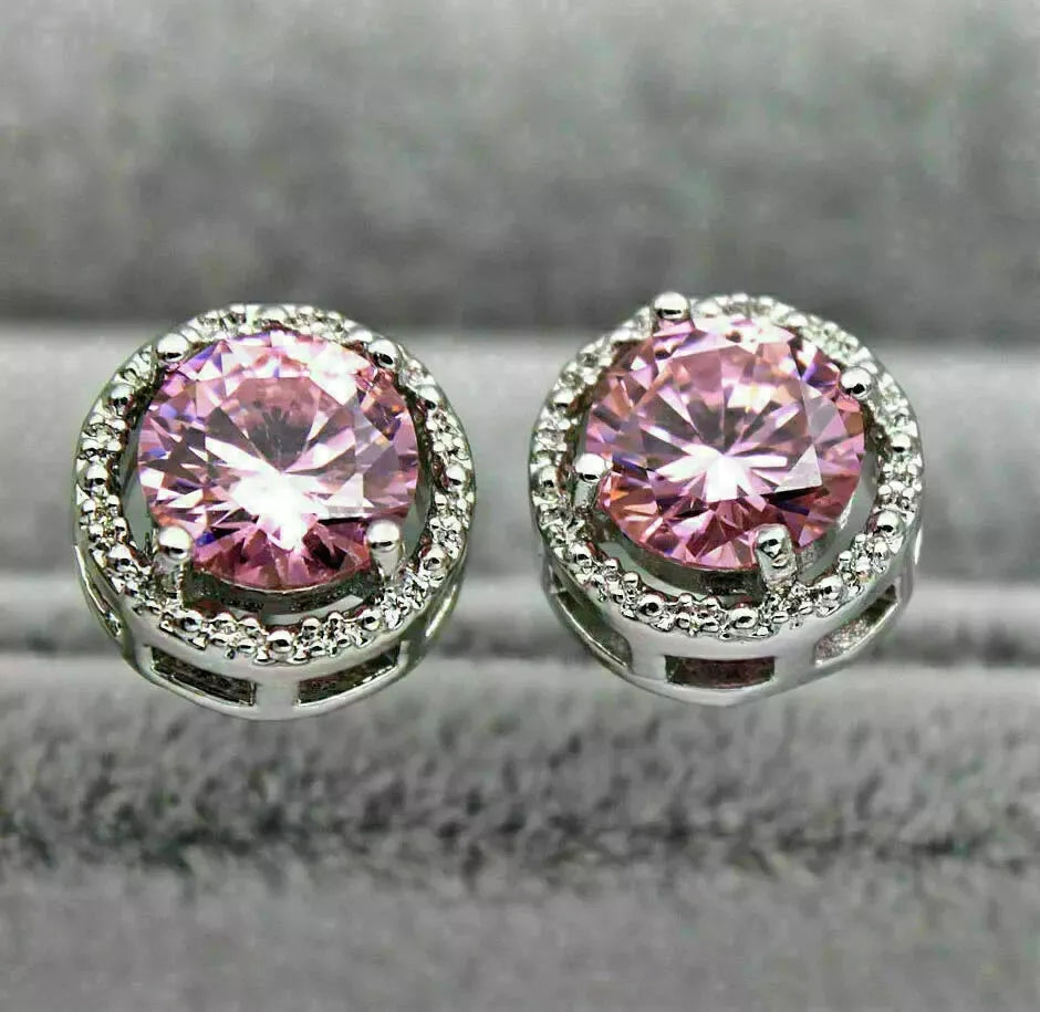 8Ct Pink Sapphire Round Cut Drop Earrings