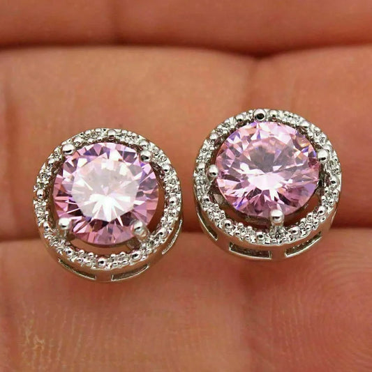 6Ct Pink Sapphire Round Cut Stud Earrings