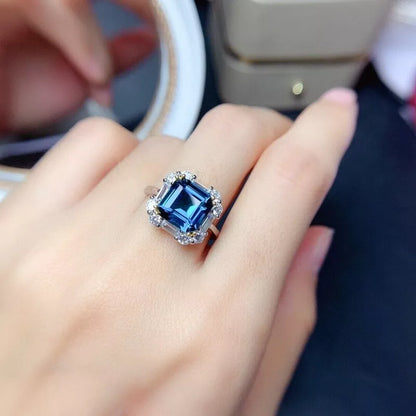 10Ct Blue Sapphire Asscher Cut Engaement Ring