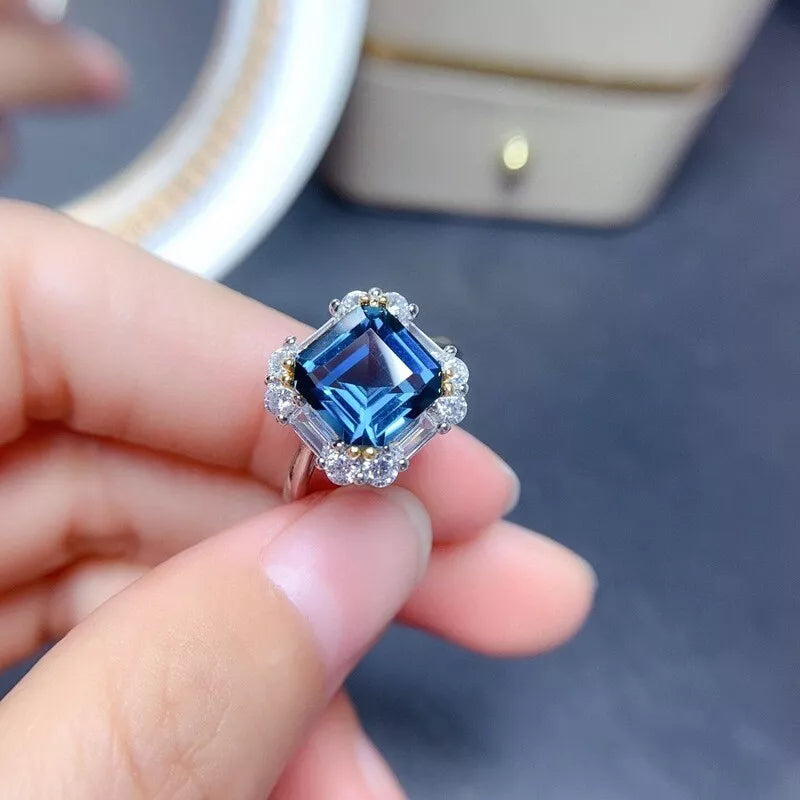 10Ct Blue Sapphire Asscher Cut Engaement Ring