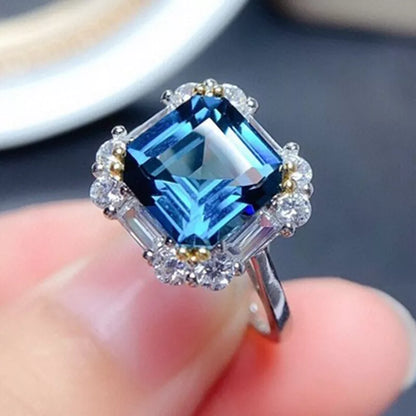 10Ct Blue Sapphire Asscher Cut Engaement Ring