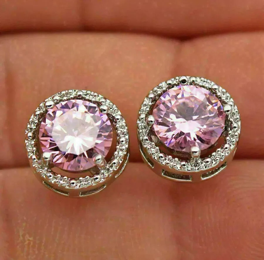 8Ct Pink Sapphire Round Cut Drop Earrings