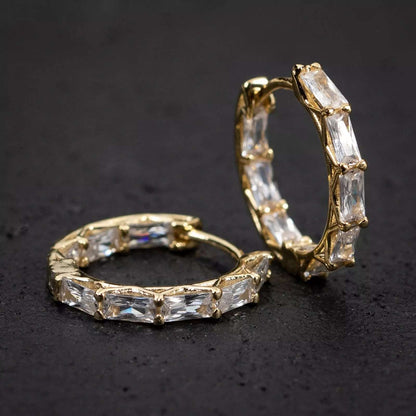 10Ct White Sapphire Baguette Cut Men's Hoop Earrings